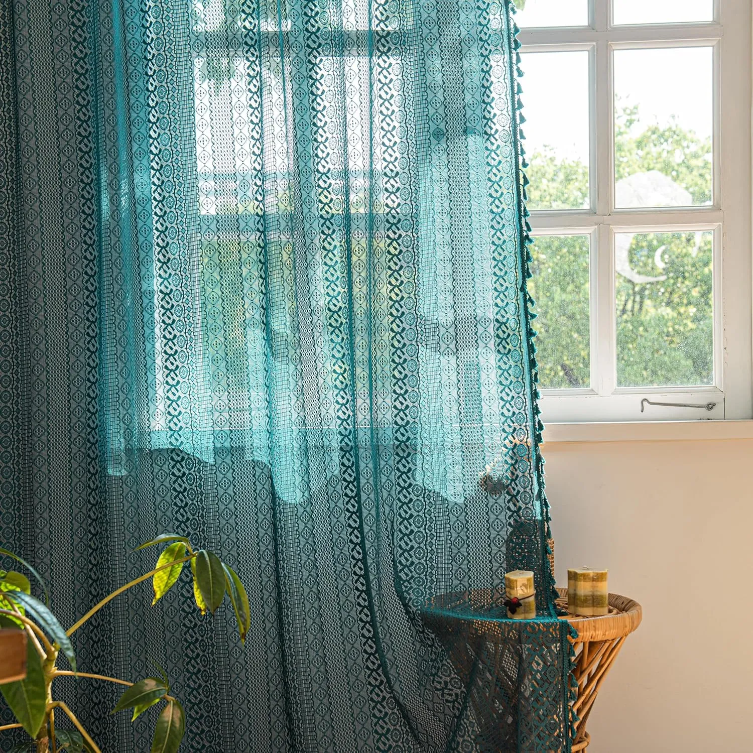 Sutuo Home Boho Curtains 84 inches Long for Bedroom Living Room, Crochet Lace Sheer Bohemian Hollow Knitted with Tassels,Window Treatment Drapes, Rod Pocket 1 Panel 59" W x 84" L, Turquoise