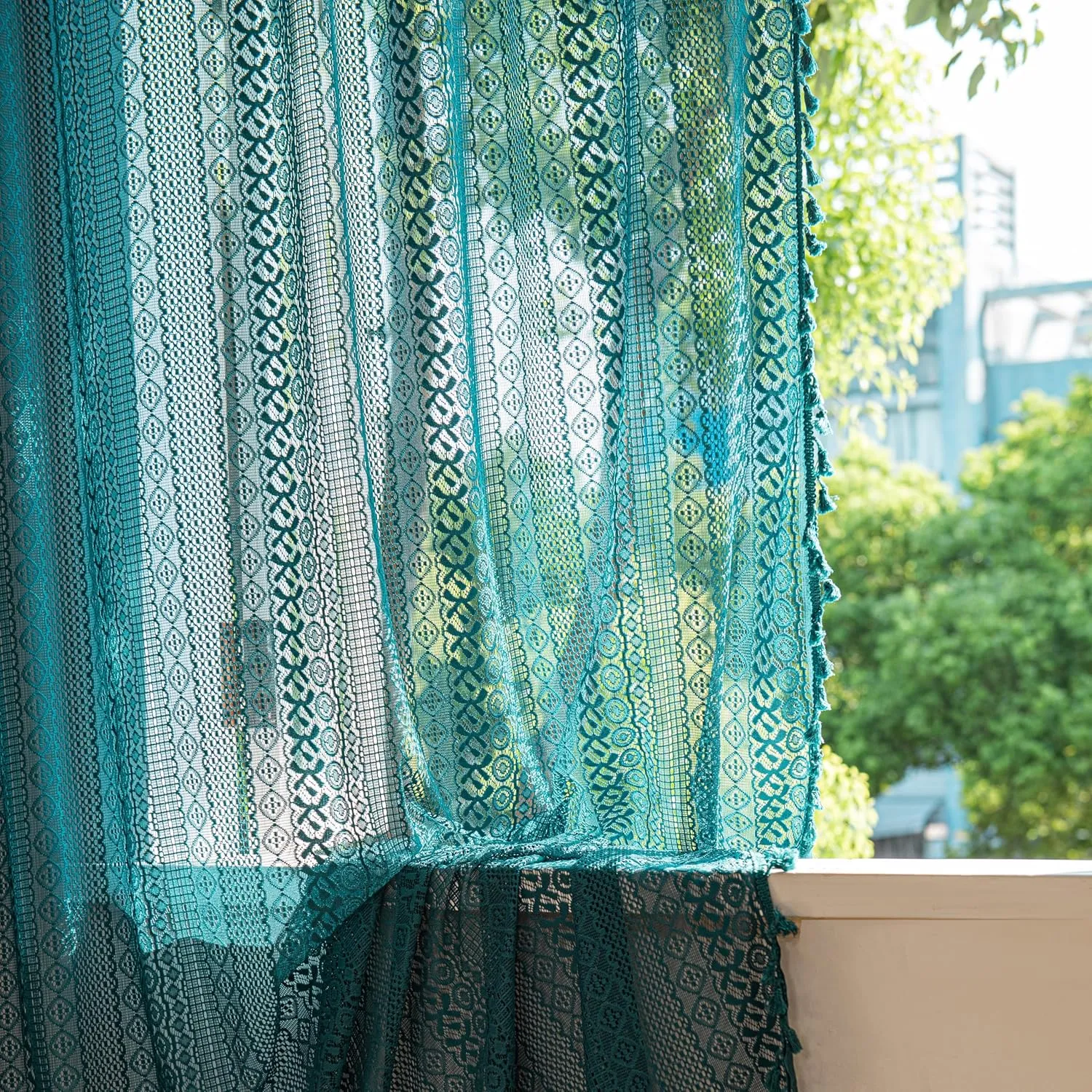 Sutuo Home Boho Curtains 84 inches Long for Bedroom Living Room, Crochet Lace Sheer Bohemian Hollow Knitted with Tassels,Window Treatment Drapes, Rod Pocket 1 Panel 59" W x 84" L, Turquoise