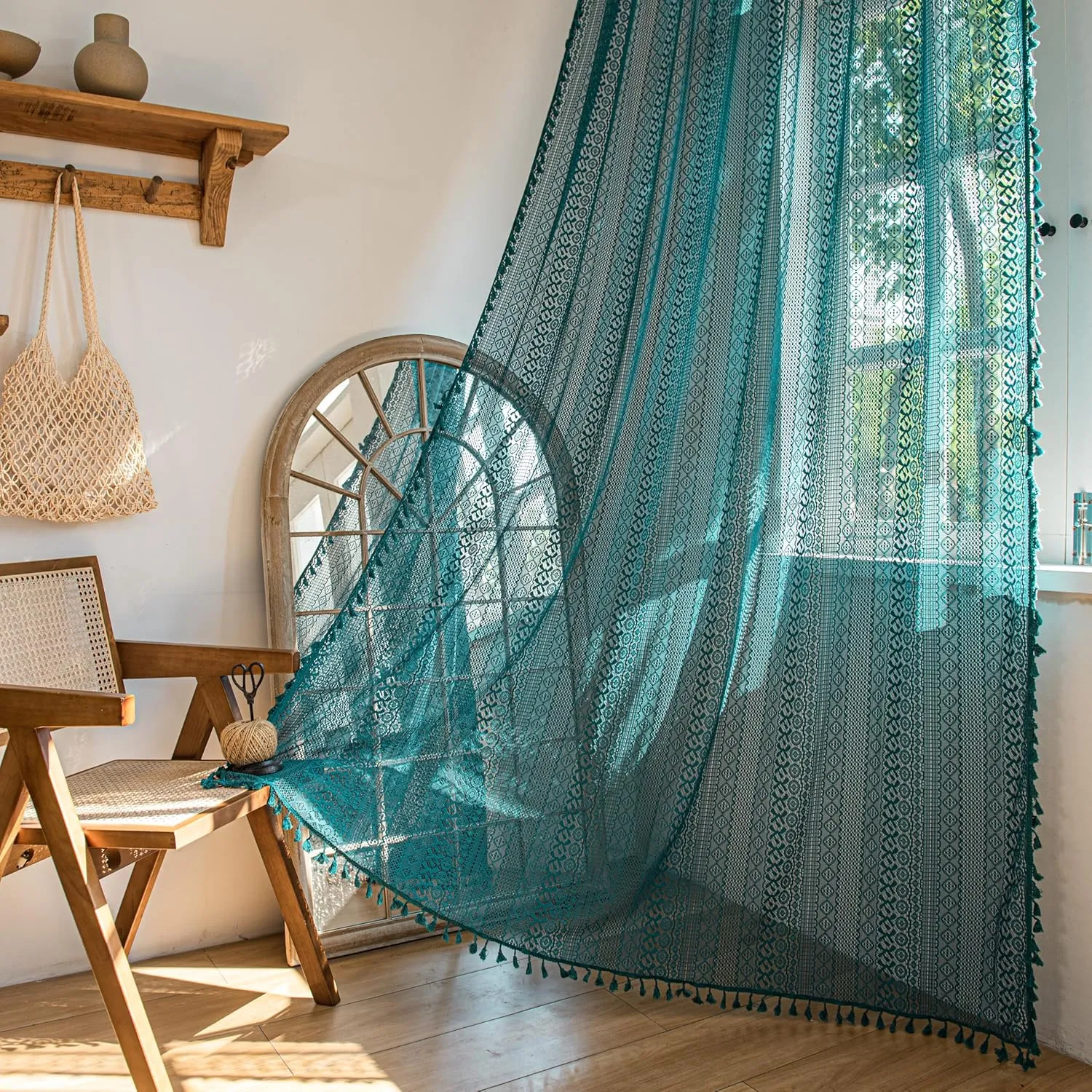 Sutuo Home Boho Curtains 84 inches Long for Bedroom Living Room, Crochet Lace Sheer Bohemian Hollow Knitted with Tassels,Window Treatment Drapes, Rod Pocket 1 Panel 59" W x 84" L, Turquoise
