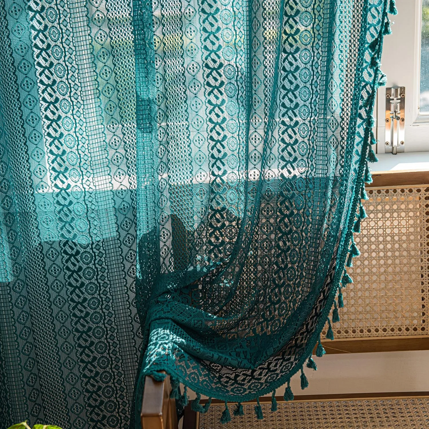 Sutuo Home Boho Curtains 84 inches Long for Bedroom Living Room, Crochet Lace Sheer Bohemian Hollow Knitted with Tassels,Window Treatment Drapes, Rod Pocket 1 Panel 59" W x 84" L, Turquoise