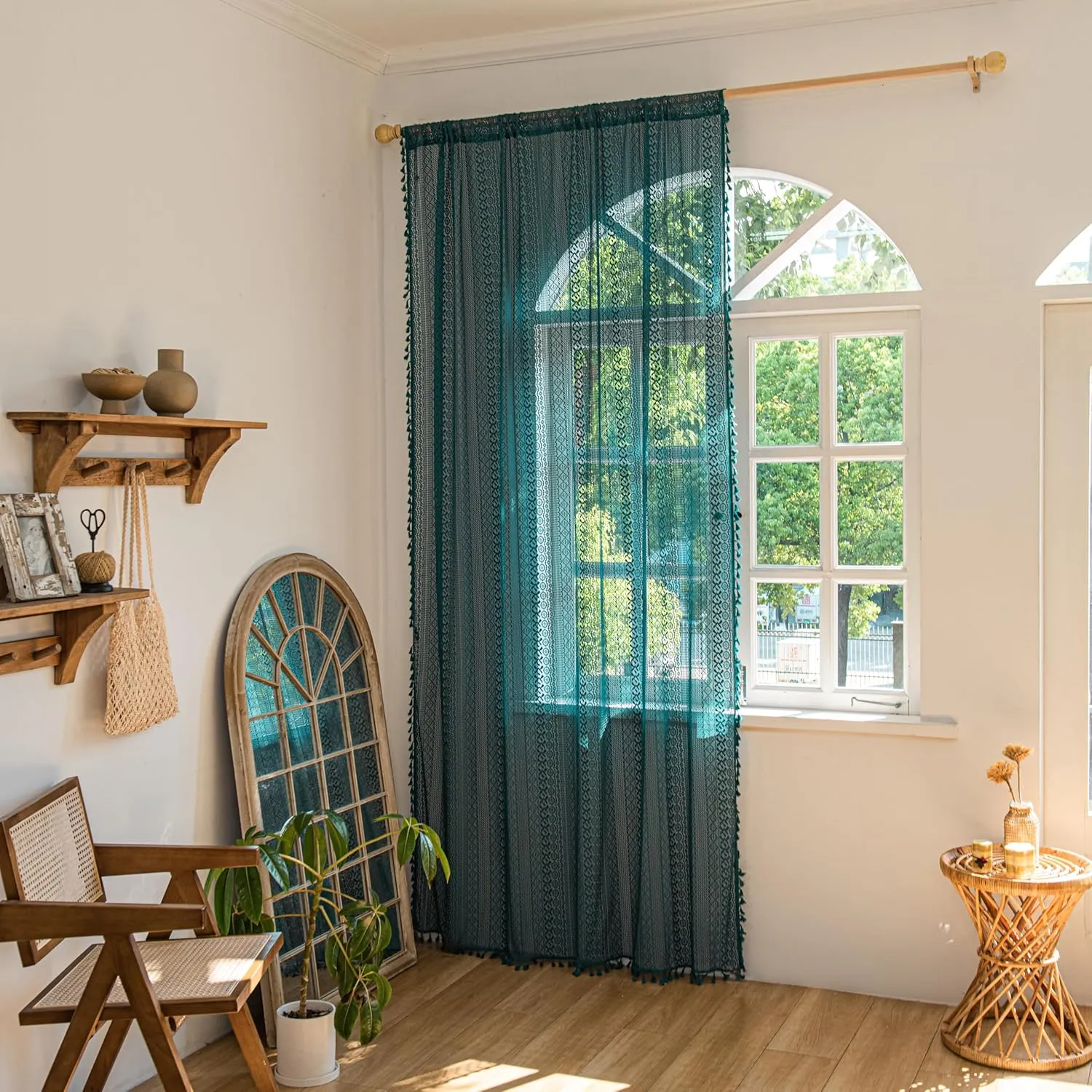 Sutuo Home Boho Curtains 84 inches Long for Bedroom Living Room, Crochet Lace Sheer Bohemian Hollow Knitted with Tassels,Window Treatment Drapes, Rod Pocket 1 Panel 59" W x 84" L, Turquoise