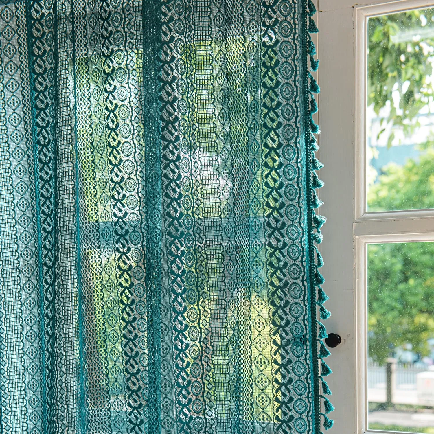 Sutuo Home Boho Curtains 84 inches Long for Bedroom Living Room, Crochet Lace Sheer Bohemian Hollow Knitted with Tassels,Window Treatment Drapes, Rod Pocket 1 Panel 59" W x 84" L, Turquoise