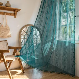 Sutuo Home Boho Curtains 84 inches Long for Bedroom Living Room, Crochet Lace Sheer Bohemian Hollow Knitted with Tassels,Window Treatment Drapes, Rod Pocket 1 Panel 59" W x 84" L, Turquoise