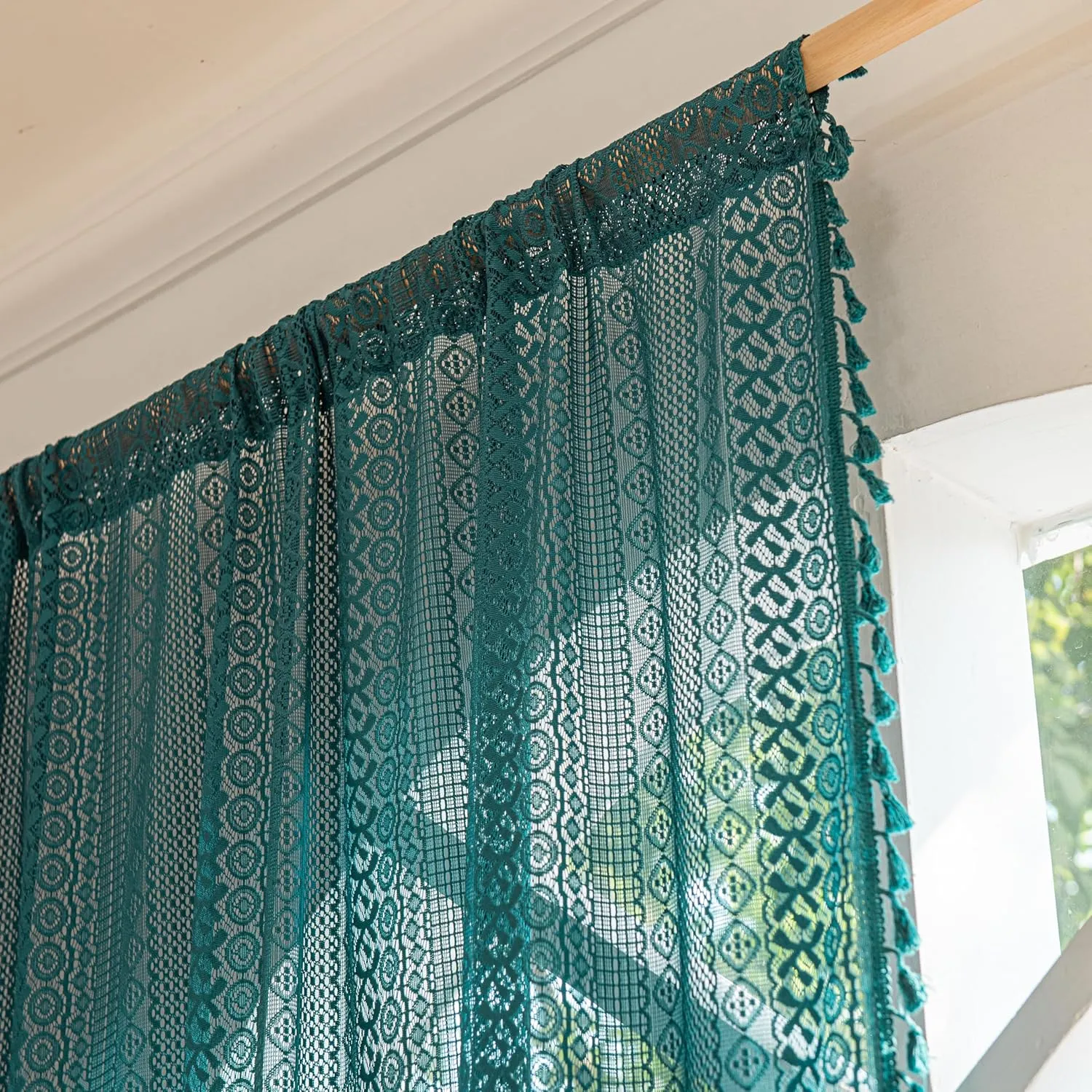 Sutuo Home Boho Curtains 84 inches Long for Bedroom Living Room, Crochet Lace Sheer Bohemian Hollow Knitted with Tassels,Window Treatment Drapes, Rod Pocket 1 Panel 59" W x 84" L, Turquoise