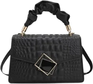 SweatyRocks Women's PU Leather Emboss Satchel Handbags Ruched Top Handle Buckle Square Bag