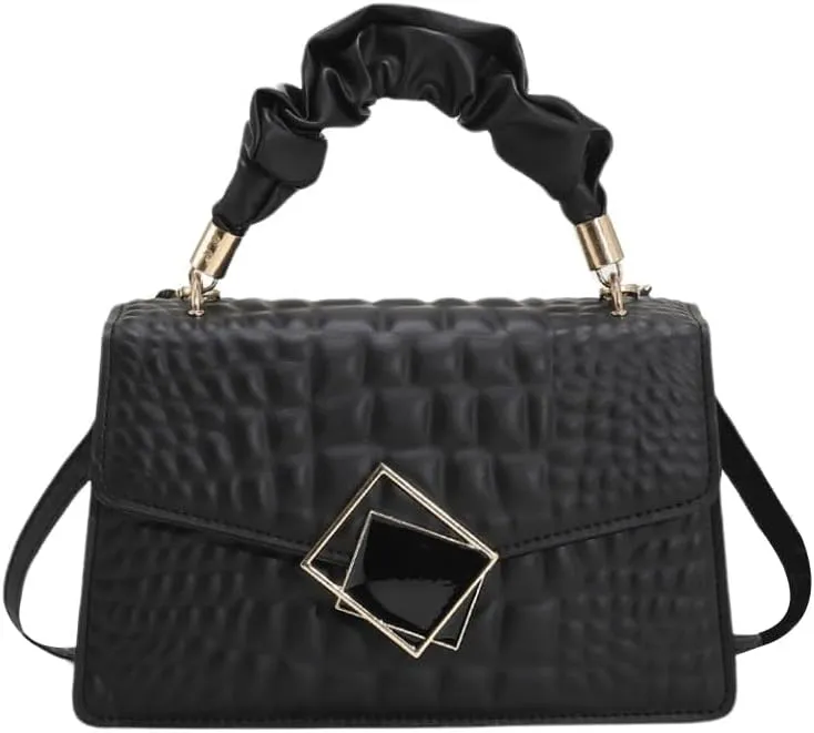 SweatyRocks Women's PU Leather Emboss Satchel Handbags Ruched Top Handle Buckle Square Bag