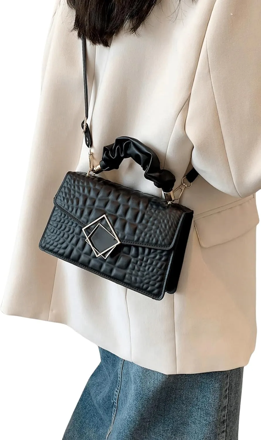 SweatyRocks Women's PU Leather Emboss Satchel Handbags Ruched Top Handle Buckle Square Bag