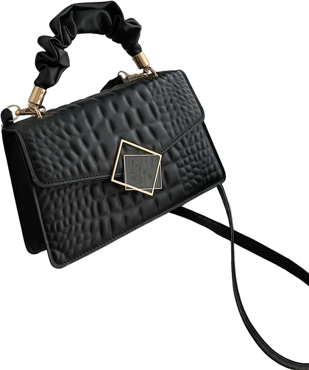 SweatyRocks Women's PU Leather Emboss Satchel Handbags Ruched Top Handle Buckle Square Bag