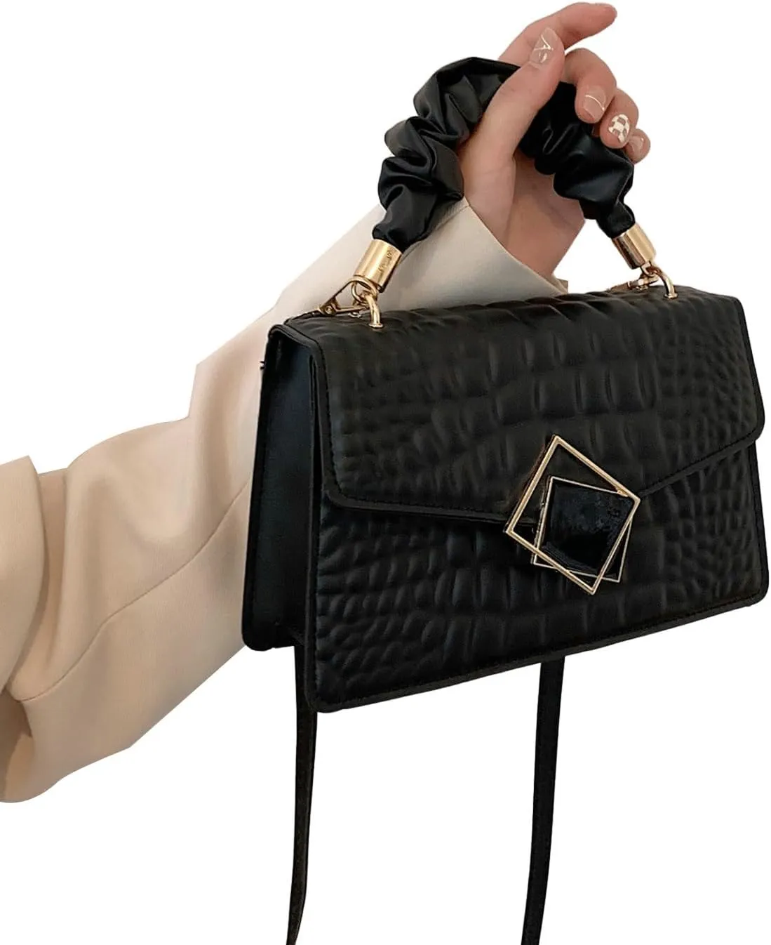 SweatyRocks Women's PU Leather Emboss Satchel Handbags Ruched Top Handle Buckle Square Bag