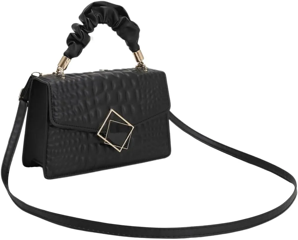 SweatyRocks Women's PU Leather Emboss Satchel Handbags Ruched Top Handle Buckle Square Bag