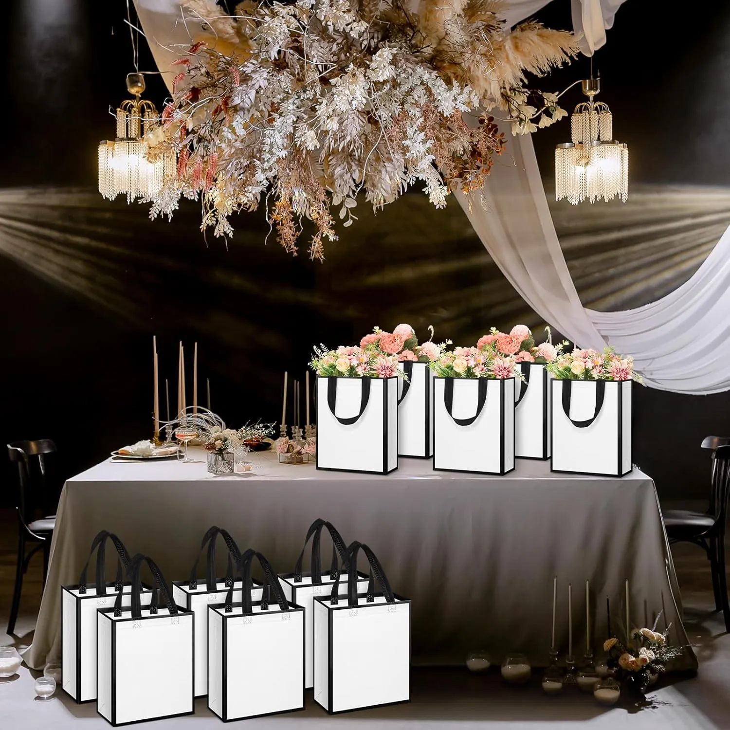 Sweetude 16 Pcs Reusable Gift Goodie Bags with Handles Non Woven Party Favor Shopping Tote Bags for Wedding Birthday Holiday Party Graduation Bridesmaid Gift(White Black,8 x 4 x 10 Inch)