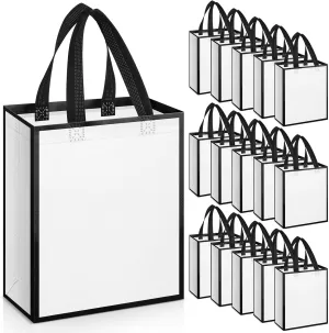 Sweetude 16 Pcs Reusable Gift Goodie Bags with Handles Non Woven Party Favor Shopping Tote Bags for Wedding Birthday Holiday Party Graduation Bridesmaid Gift(White Black,8 x 4 x 10 Inch)