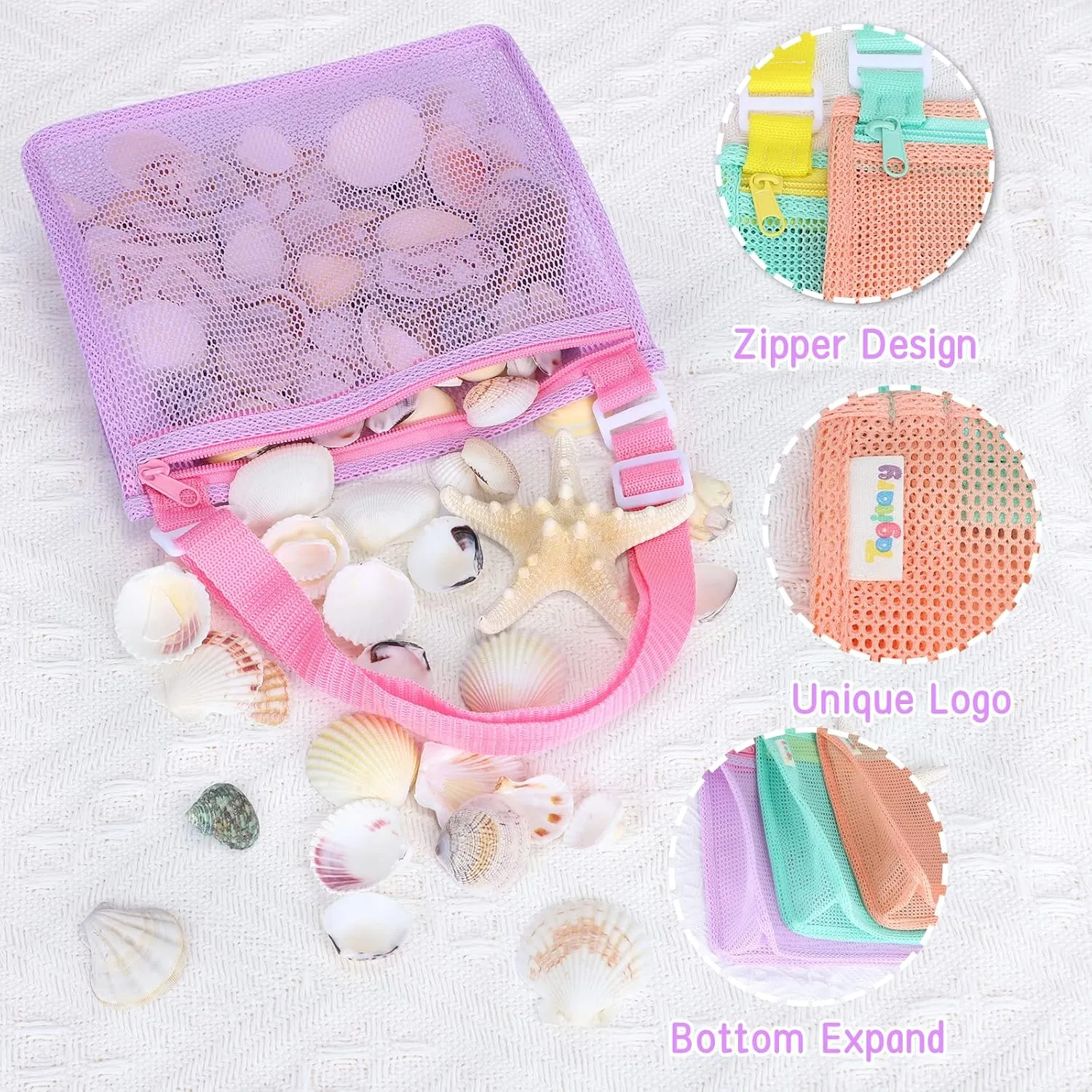 Tagitary Beach Toy Mesh Beach Bag Kids Shell Collecting Bag Beach Sand Toy Shells Beach Toys Swimming Accessories for Boys and Girls(Only Bags,A Set of 3)