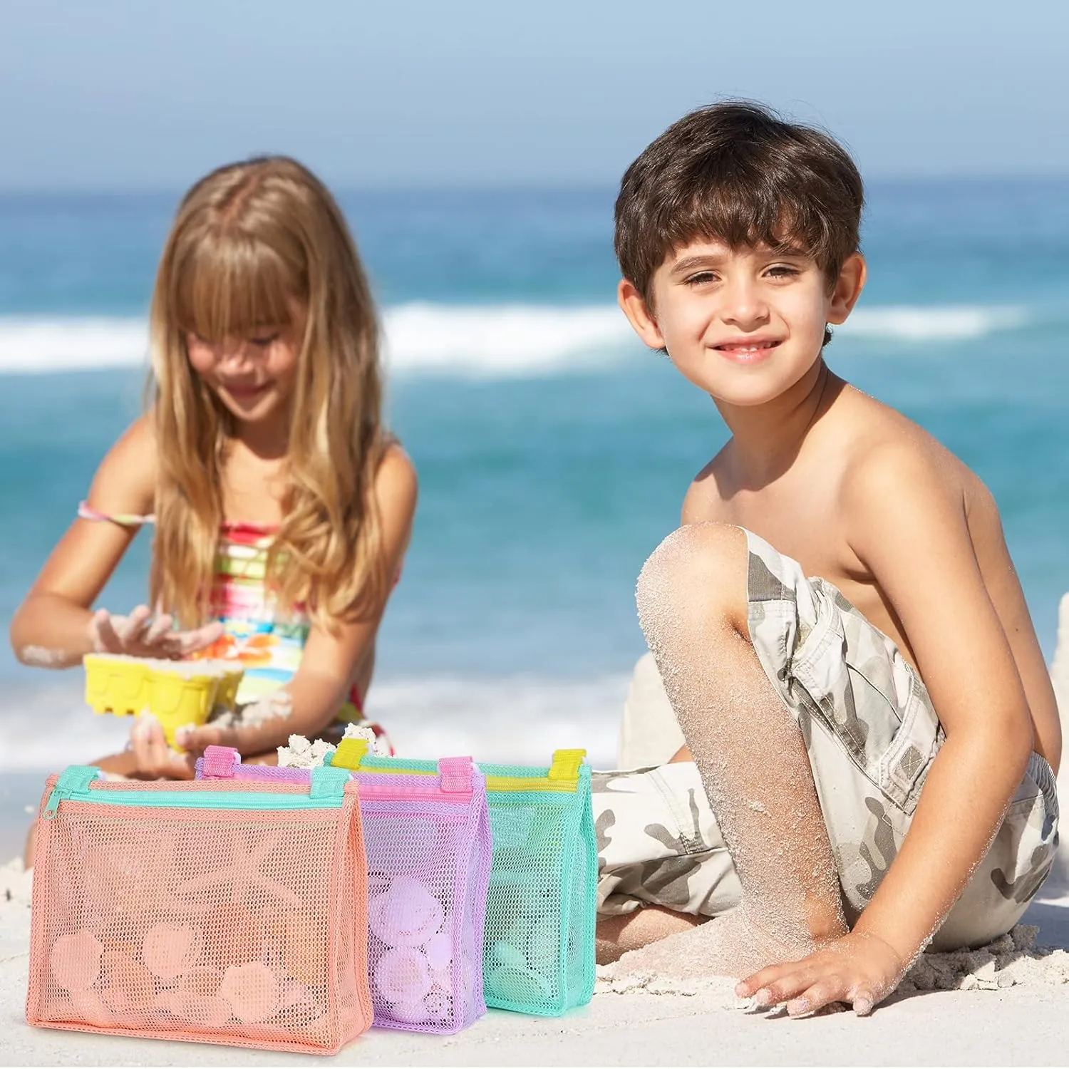 Tagitary Beach Toy Mesh Beach Bag Kids Shell Collecting Bag Beach Sand Toy Shells Beach Toys Swimming Accessories for Boys and Girls(Only Bags,A Set of 3)