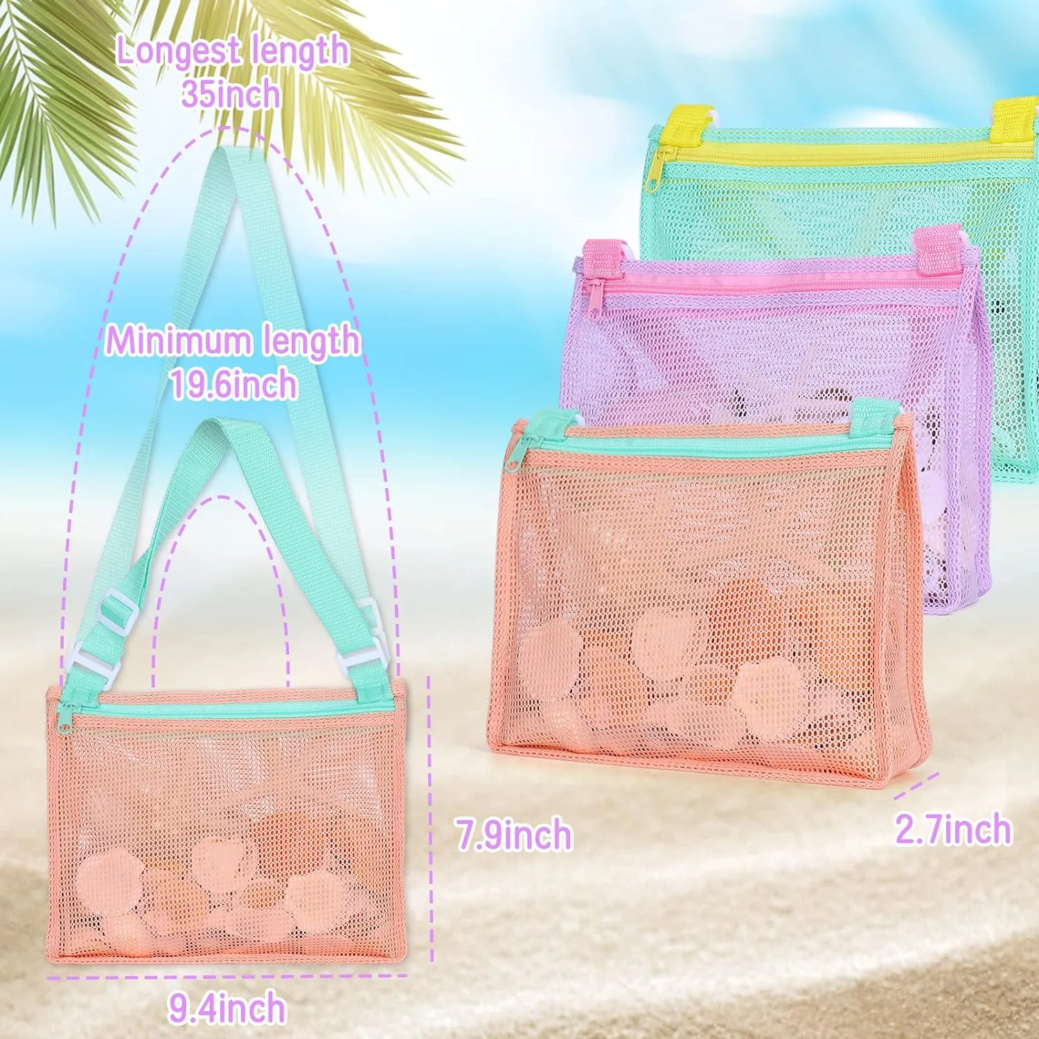 Tagitary Beach Toy Mesh Beach Bag Kids Shell Collecting Bag Beach Sand Toy Shells Beach Toys Swimming Accessories for Boys and Girls(Only Bags,A Set of 3)