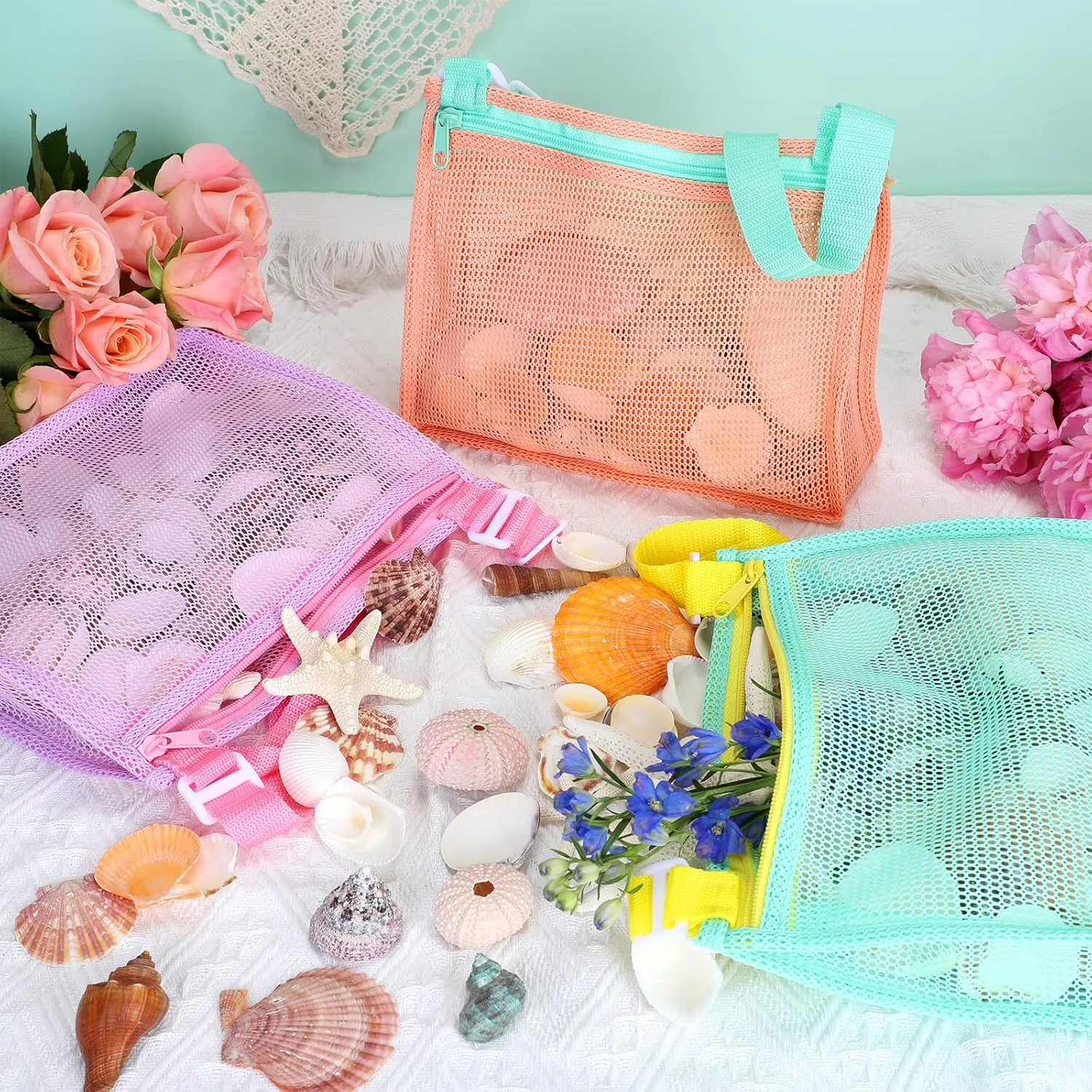 Tagitary Beach Toy Mesh Beach Bag Kids Shell Collecting Bag Beach Sand Toy Shells Beach Toys Swimming Accessories for Boys and Girls(Only Bags,A Set of 3)