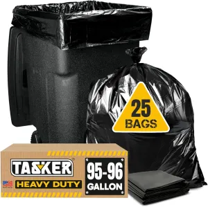 Tasker 95-96 Gallon Trash Bags Heavy Duty 2 Mil (Value-Pack 25 Bags w/Ties) Extra Large Contractor Trash Bags 90 Gallon, 95 Gallon, 96 Gallon, 100 Gallon