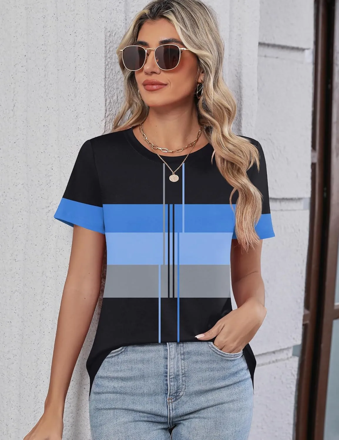 TCOT Women's Tops Summer Short Sleeve Crew Neck Shirts Dressy Casual Blouses for Women S-3XL