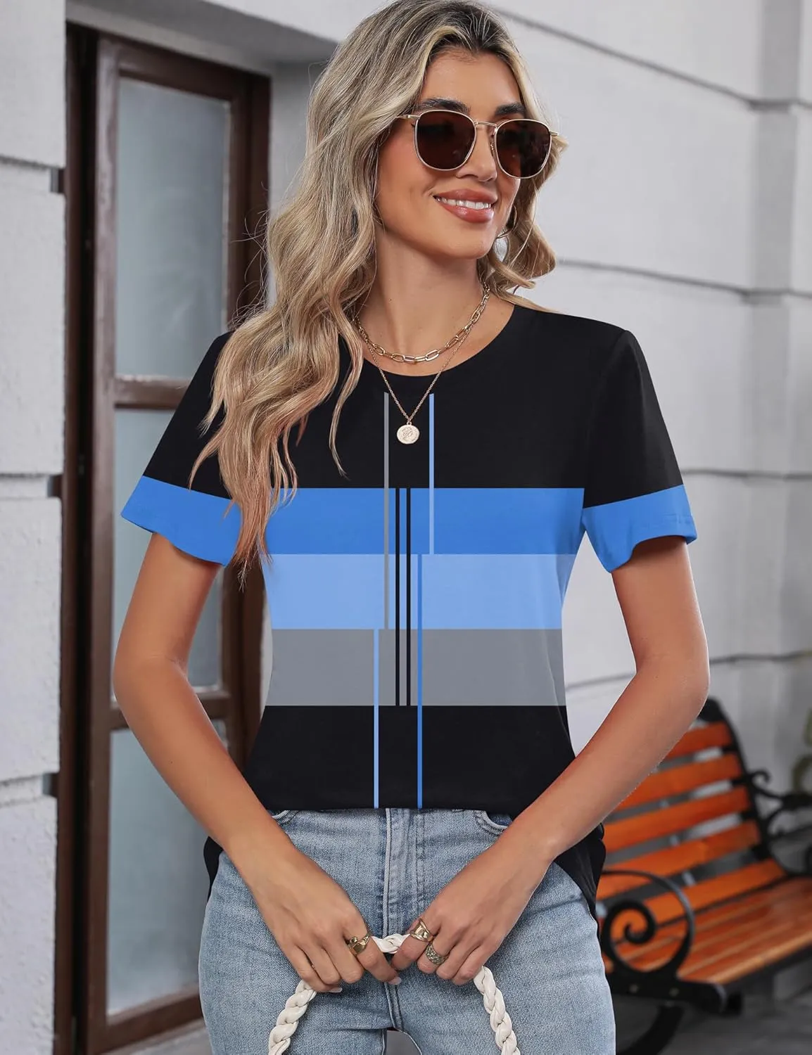 TCOT Women's Tops Summer Short Sleeve Crew Neck Shirts Dressy Casual Blouses for Women S-3XL