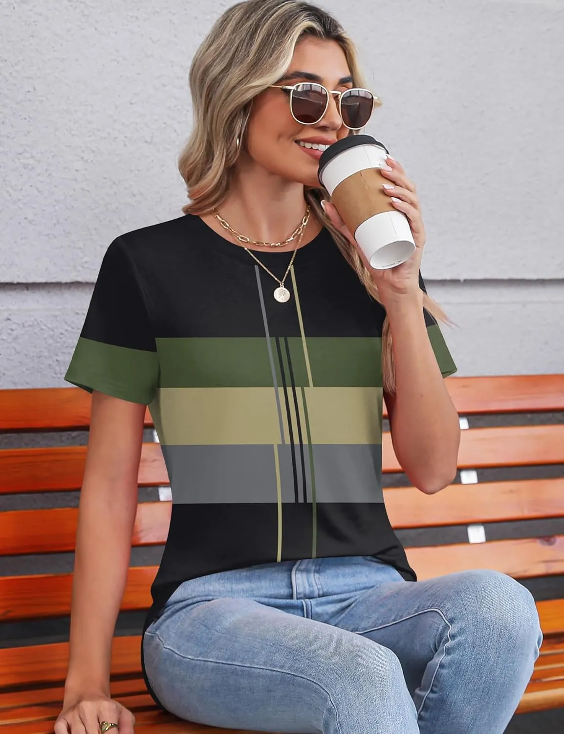 TCOT Women's Tops Summer Short Sleeve Crew Neck Shirts Dressy Casual Blouses for Women S-3XL