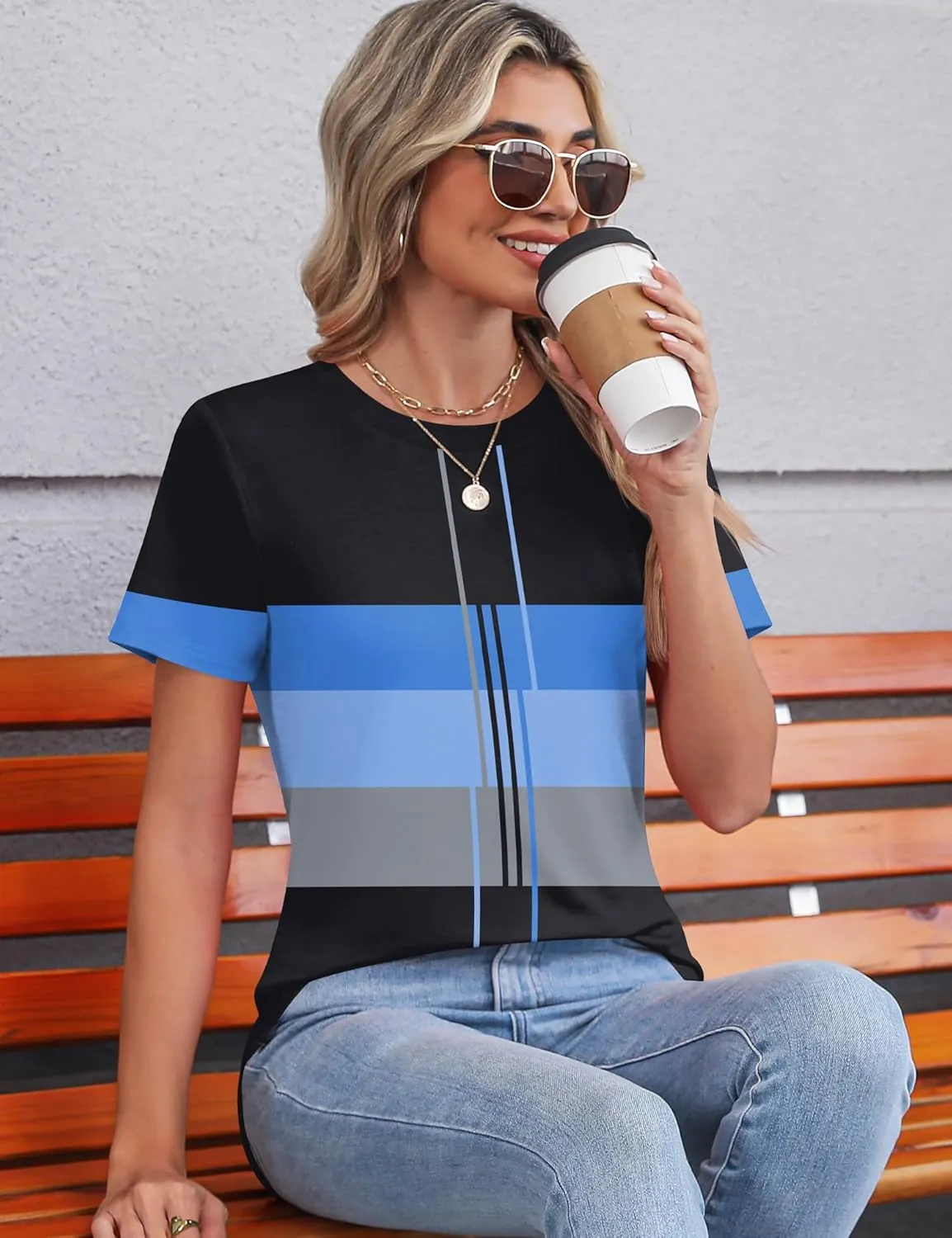 TCOT Women's Tops Summer Short Sleeve Crew Neck Shirts Dressy Casual Blouses for Women S-3XL