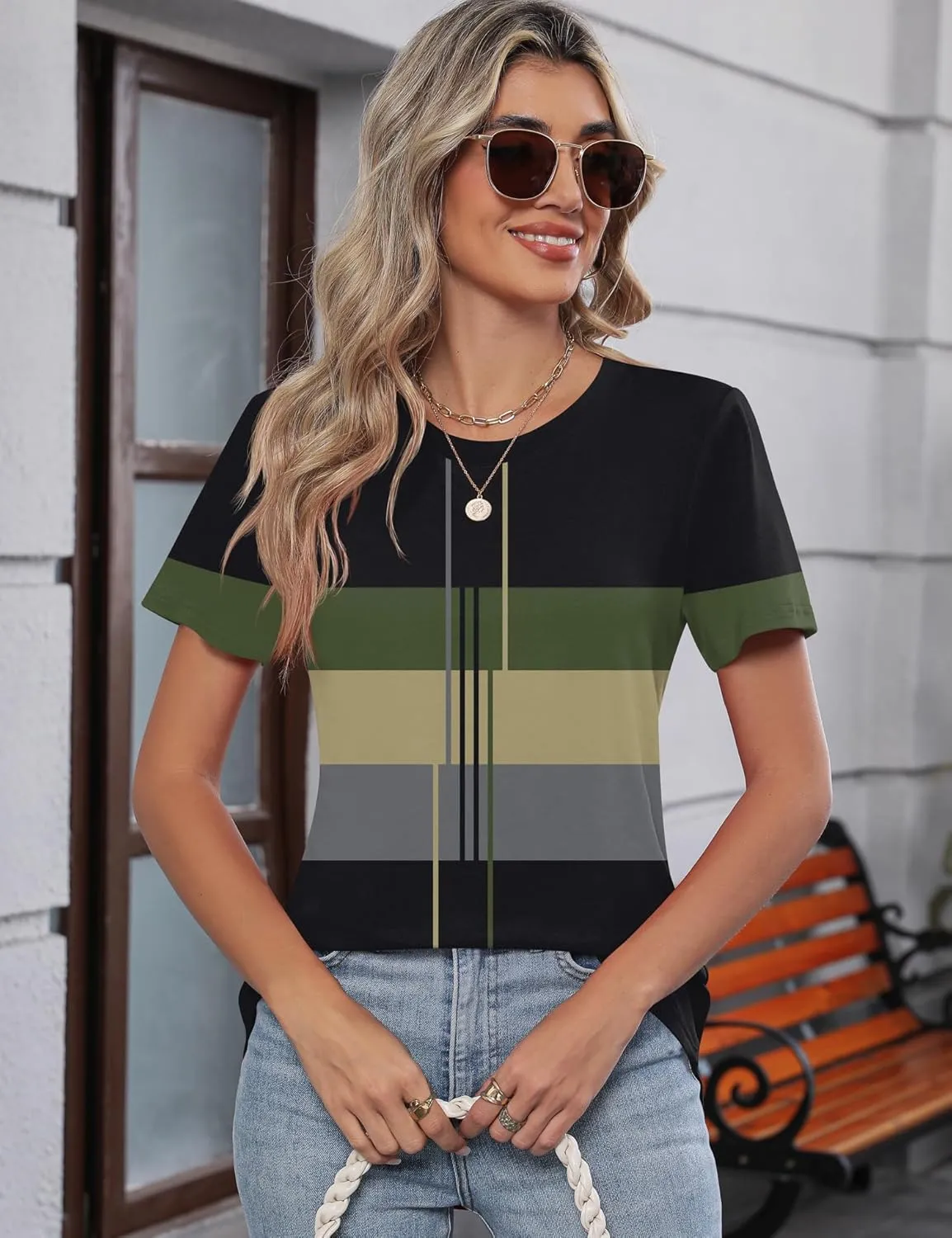 TCOT Women's Tops Summer Short Sleeve Crew Neck Shirts Dressy Casual Blouses for Women S-3XL