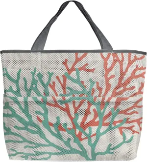 Teal Red Coral Beach Tote Bag for Women, Summer Ocean Nautical Coastal Rustic Burlap Mesh Beach Bags Waterproof Sandproof, Outdoor Picnic Swim Pool Handbag - Large Beach Bag with Zipper and Pockets