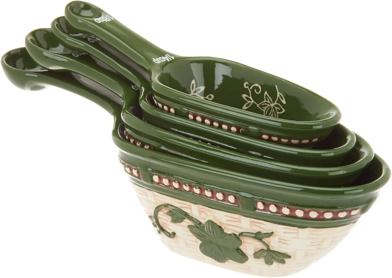 Temp-tations 4 pc Scoop Measuring Cups, Great for Sugar, Flour, Corn Meal, Pet Food, Candy, Dry Ingredients (Basketweave, Floral Lace Green)