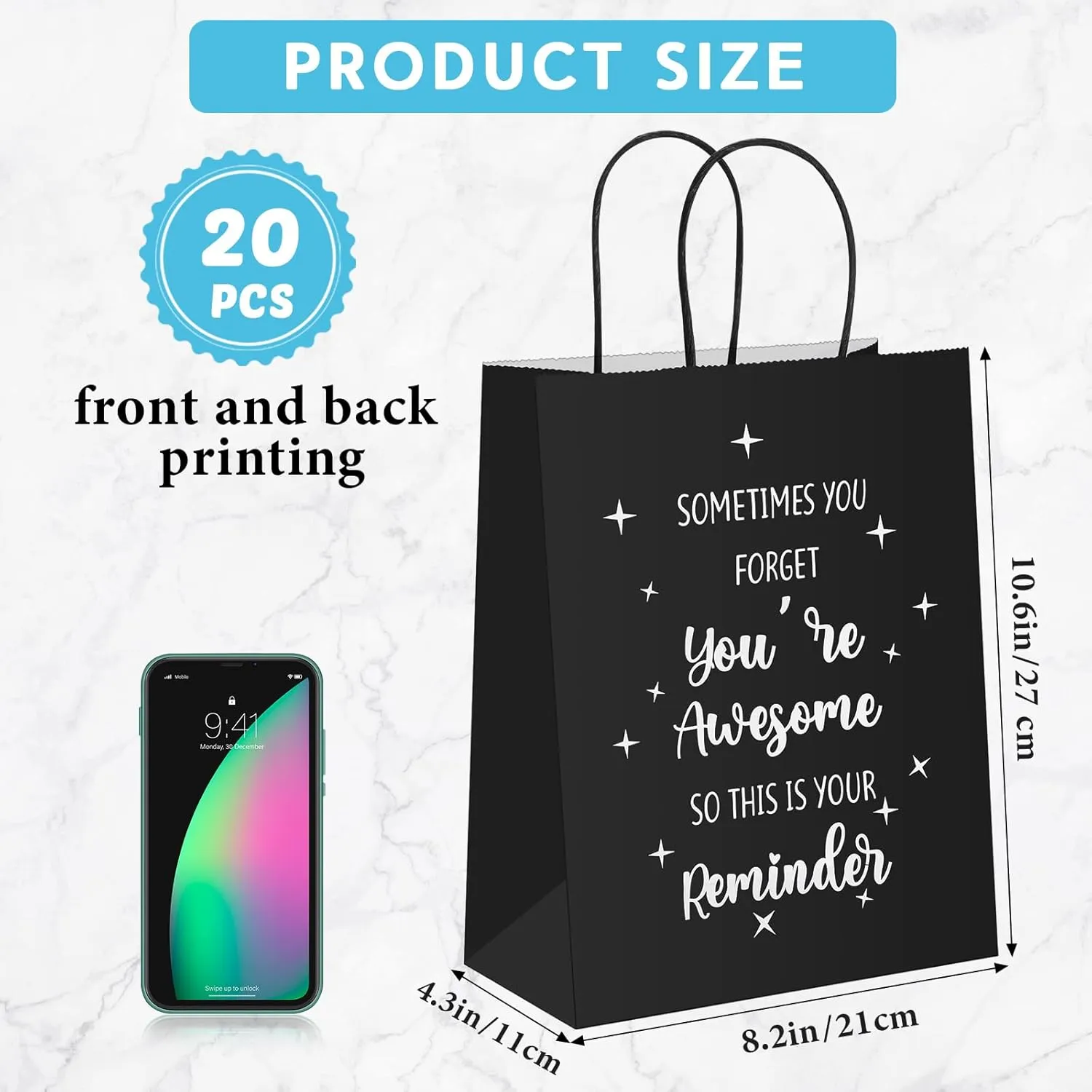 Tenceur 20 Pcs Appreciation Gift Bags for Employee, Coworker, Colleague Thank You with Handles - 8.3 x 4.3 x 10.6 Inches, Paper Gift Bags for Birthday, Party Favor