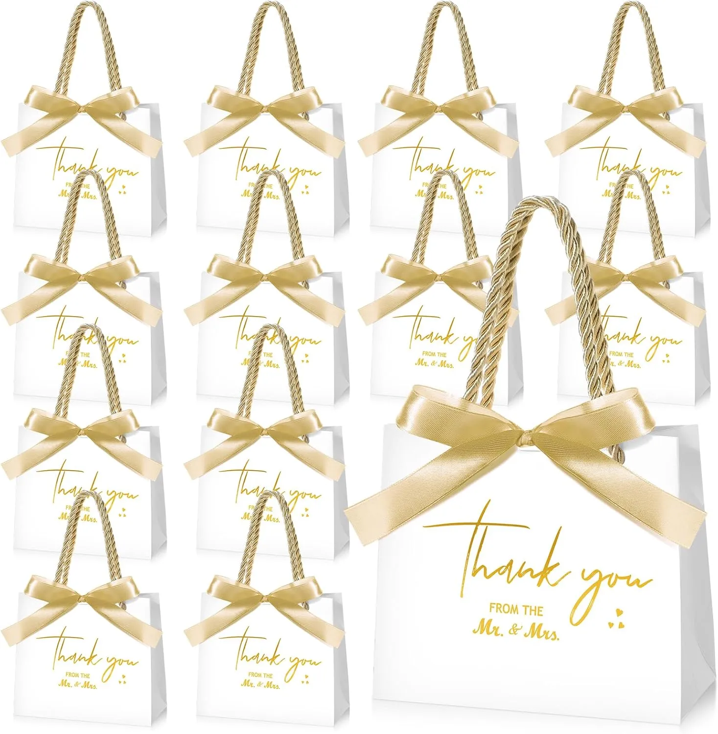 Tenceur 50 Gold Foil Mr. and Mrs. Thank You Gift Bags with Handles - Small Wedding Welcome Bags