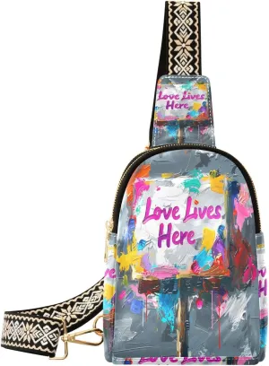 Text Love Lives Here waterproof sling bag cute small cross body bag for travel