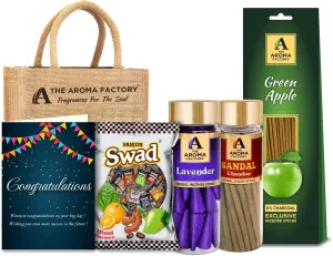 The Aroma Factory Happy Congratulations Gift Hamper Set (Swad Mix 25 Candy,Sandal Dhoopbatti, Lavender Dhoopcone, Green Apple 30 Sticks Agarbatti Packets, Greeting Card, Jute Bag) Gift Item