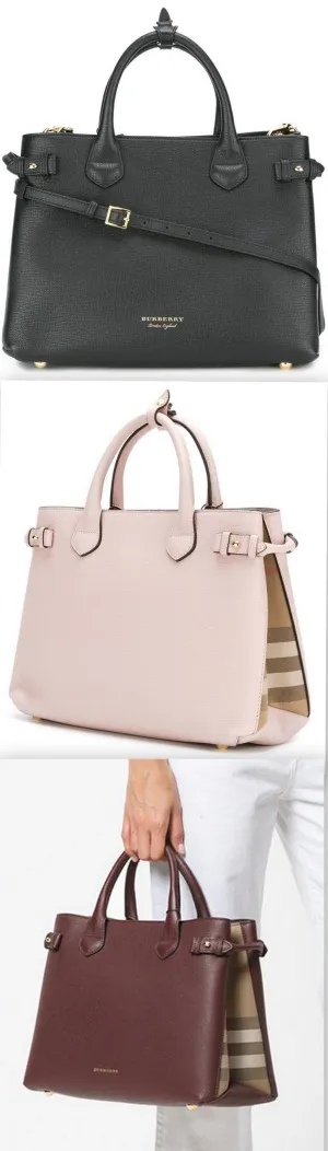 The Medium Banner in Leather and House Check Handbag- Black, Pink, Wine Red, Grey, Yellow, Brown, Red