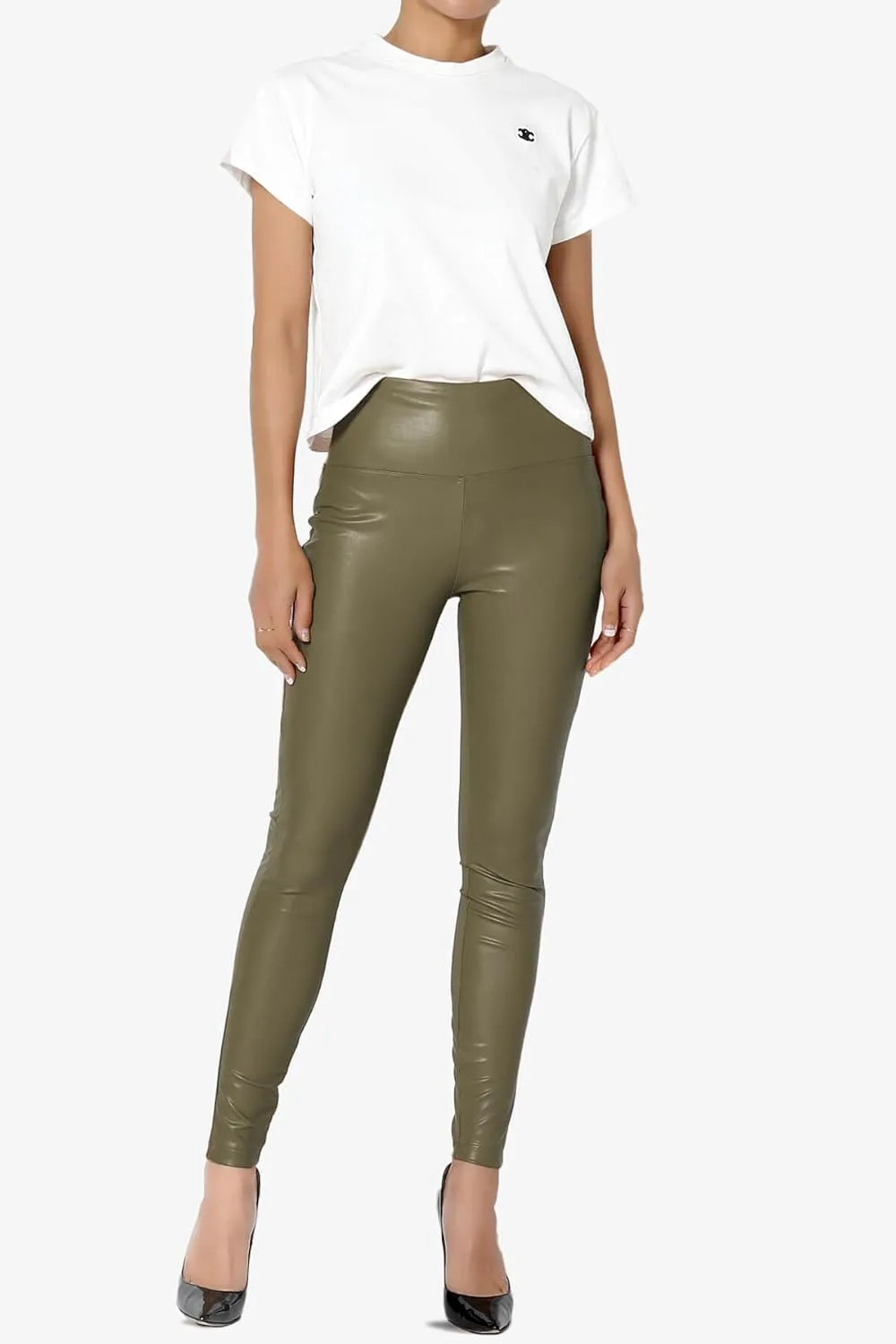 TheMogan Sexy Stretchy Faux Leather Leggings Wide Band High Waist Tights Pants