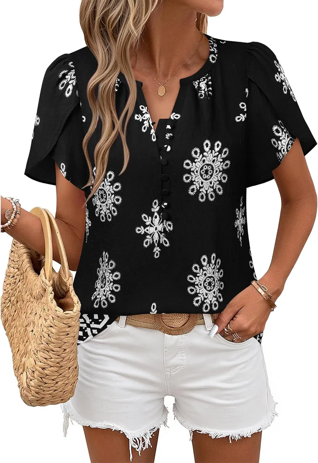 Timeson Womens Summer Tops Boho Short Sleeve Business Casual Blouses Button Down Floral Shirts Fashion Beach Vacation Clothes