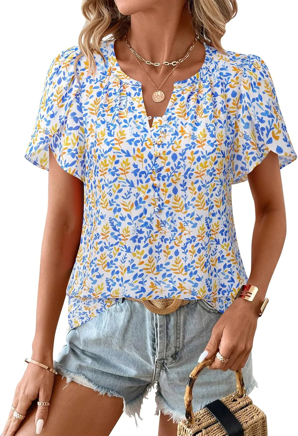 Timeson Womens Summer Tops Boho Short Sleeve Business Casual Blouses Button Down Floral Shirts Fashion Beach Vacation Clothes