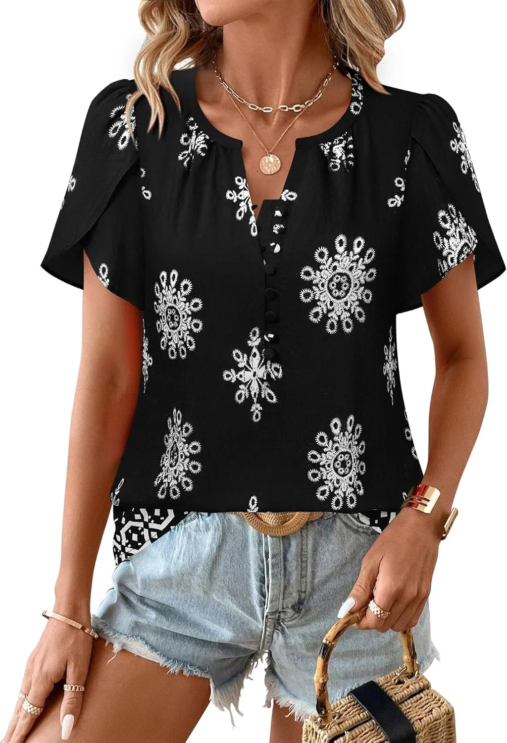 Timeson Womens Summer Tops Boho Short Sleeve Business Casual Blouses Button Down Floral Shirts Fashion Beach Vacation Clothes