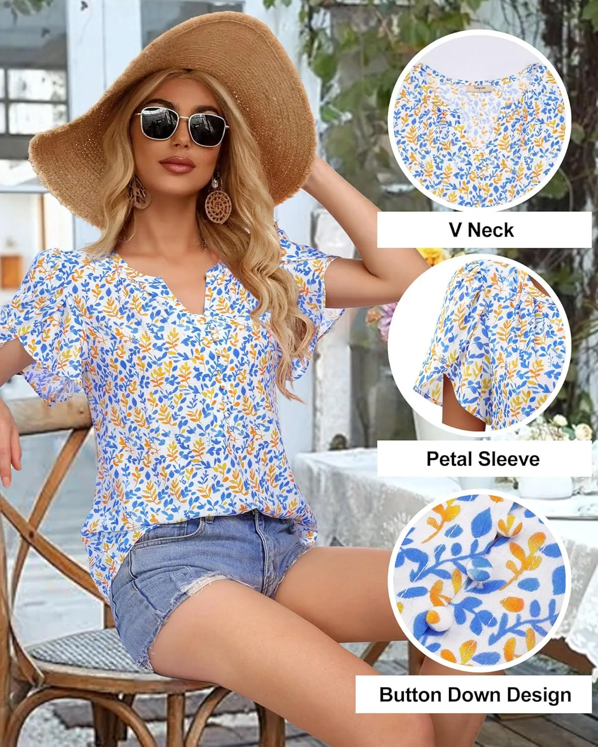 Timeson Womens Summer Tops Boho Short Sleeve Business Casual Blouses Button Down Floral Shirts Fashion Beach Vacation Clothes
