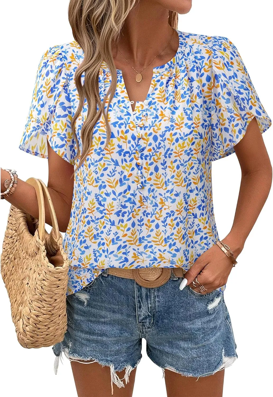 Timeson Womens Summer Tops Boho Short Sleeve Business Casual Blouses Button Down Floral Shirts Fashion Beach Vacation Clothes