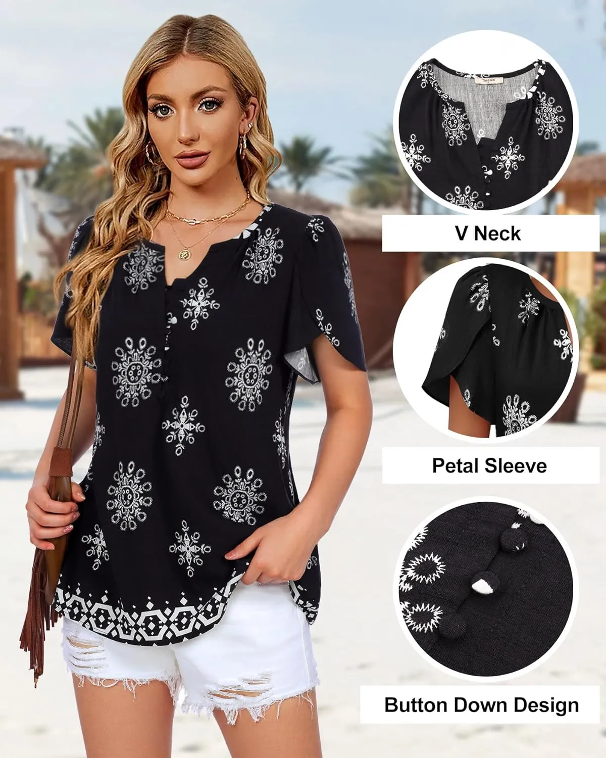 Timeson Womens Summer Tops Boho Short Sleeve Business Casual Blouses Button Down Floral Shirts Fashion Beach Vacation Clothes