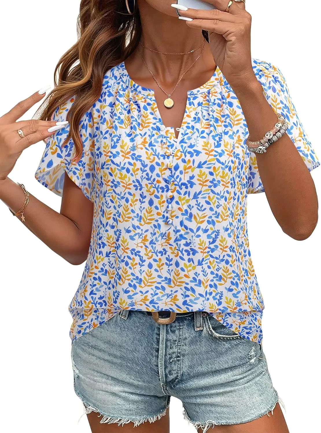 Timeson Womens Summer Tops Boho Short Sleeve Business Casual Blouses Button Down Floral Shirts Fashion Beach Vacation Clothes