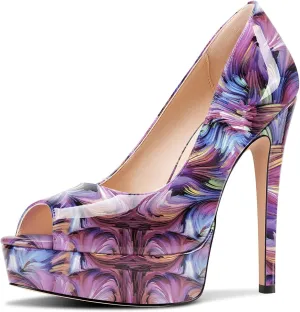 TNYNFBEB Peep Open Toe Stiletto High Platform Heel Pumps Slip-on Prom Party Dress Patent Leather 5.3 Inches Heels