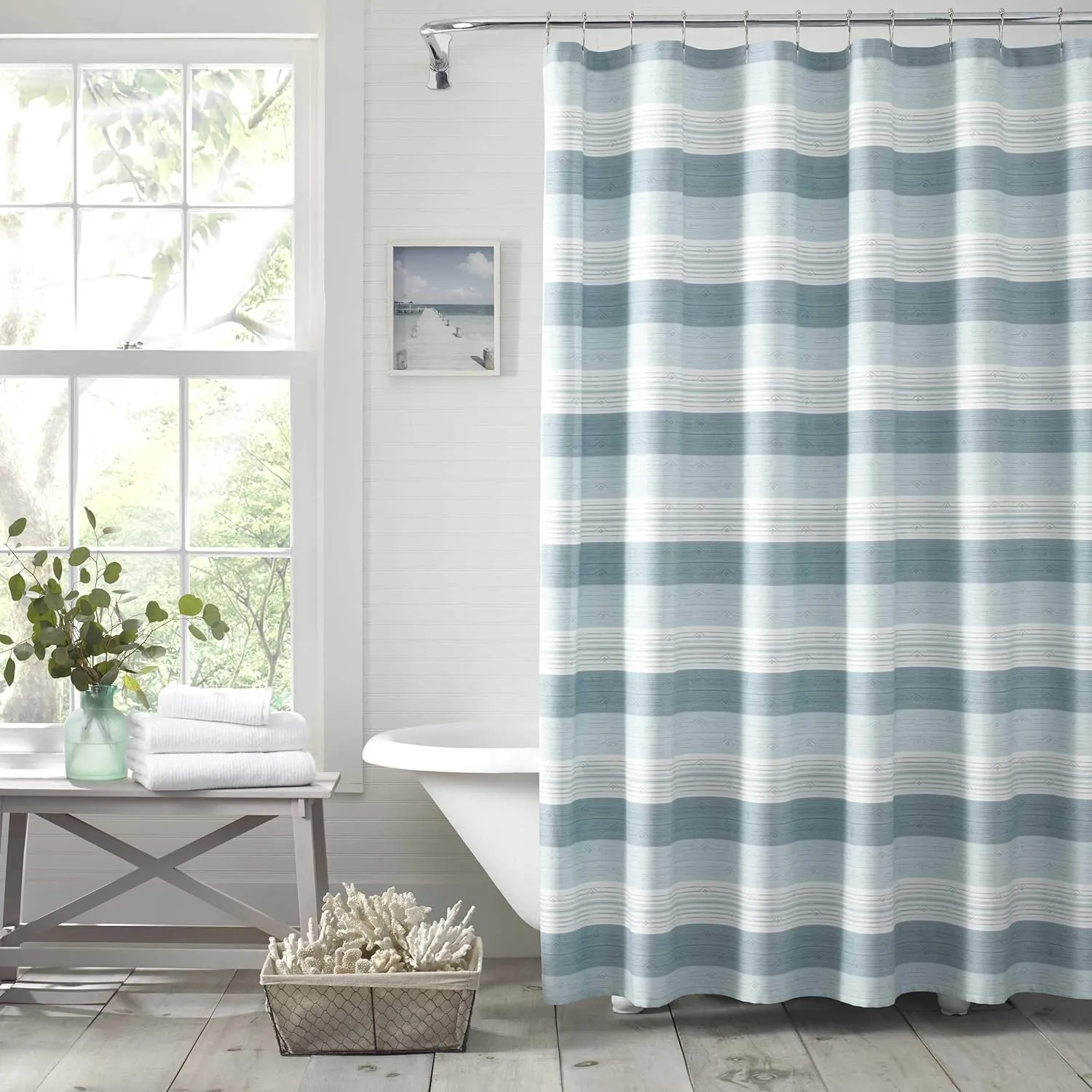 Tommy Bahama - Fabric Shower Curtain, Stylish Striped Bathroom Decor, Hook Holes Top (Hula Beach Blue, 72" x 72")