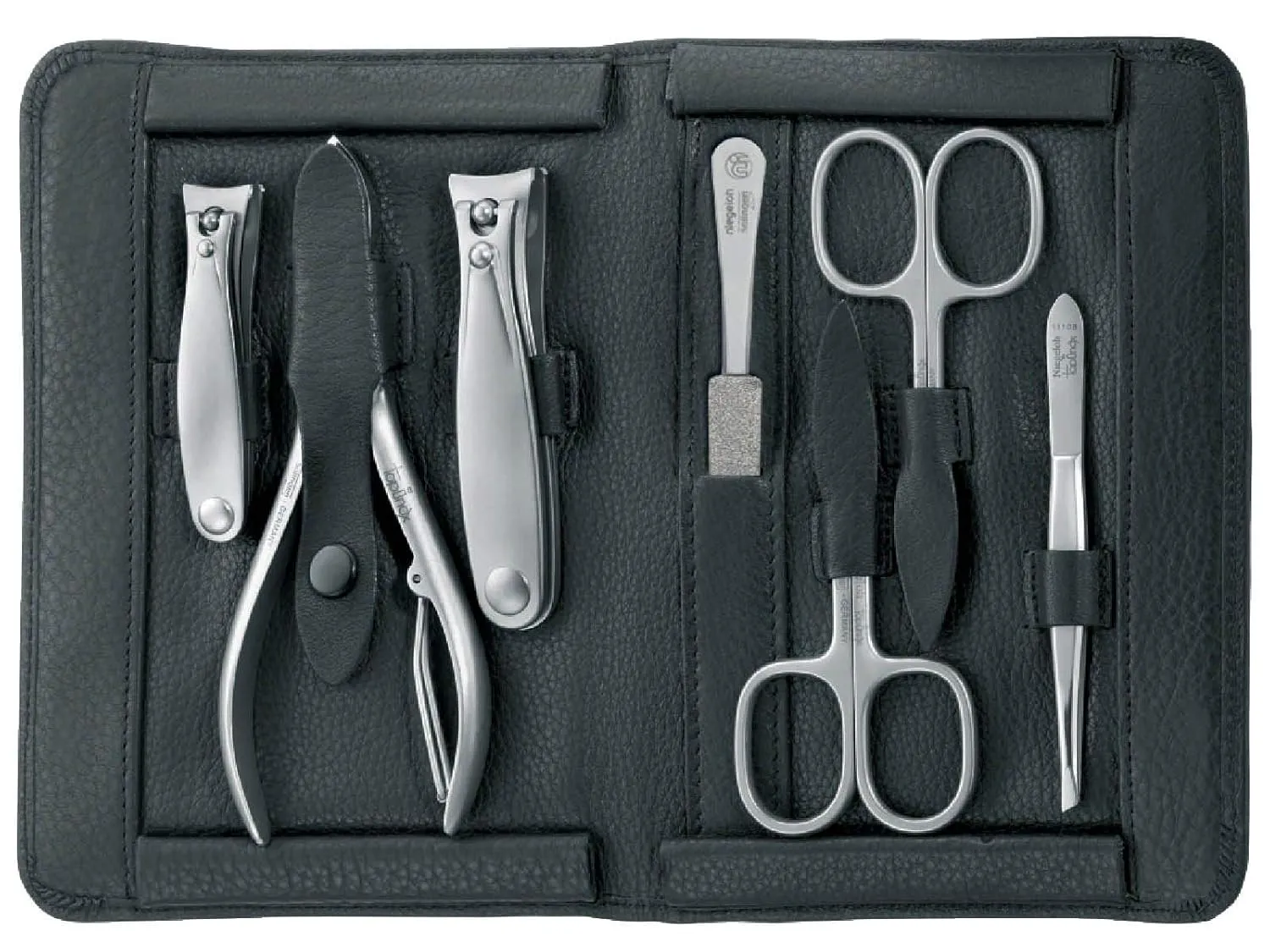 TopInox® "IMANTADO XL" Manicure Set for Men in Black Leather Case by Niegeloh, Germany