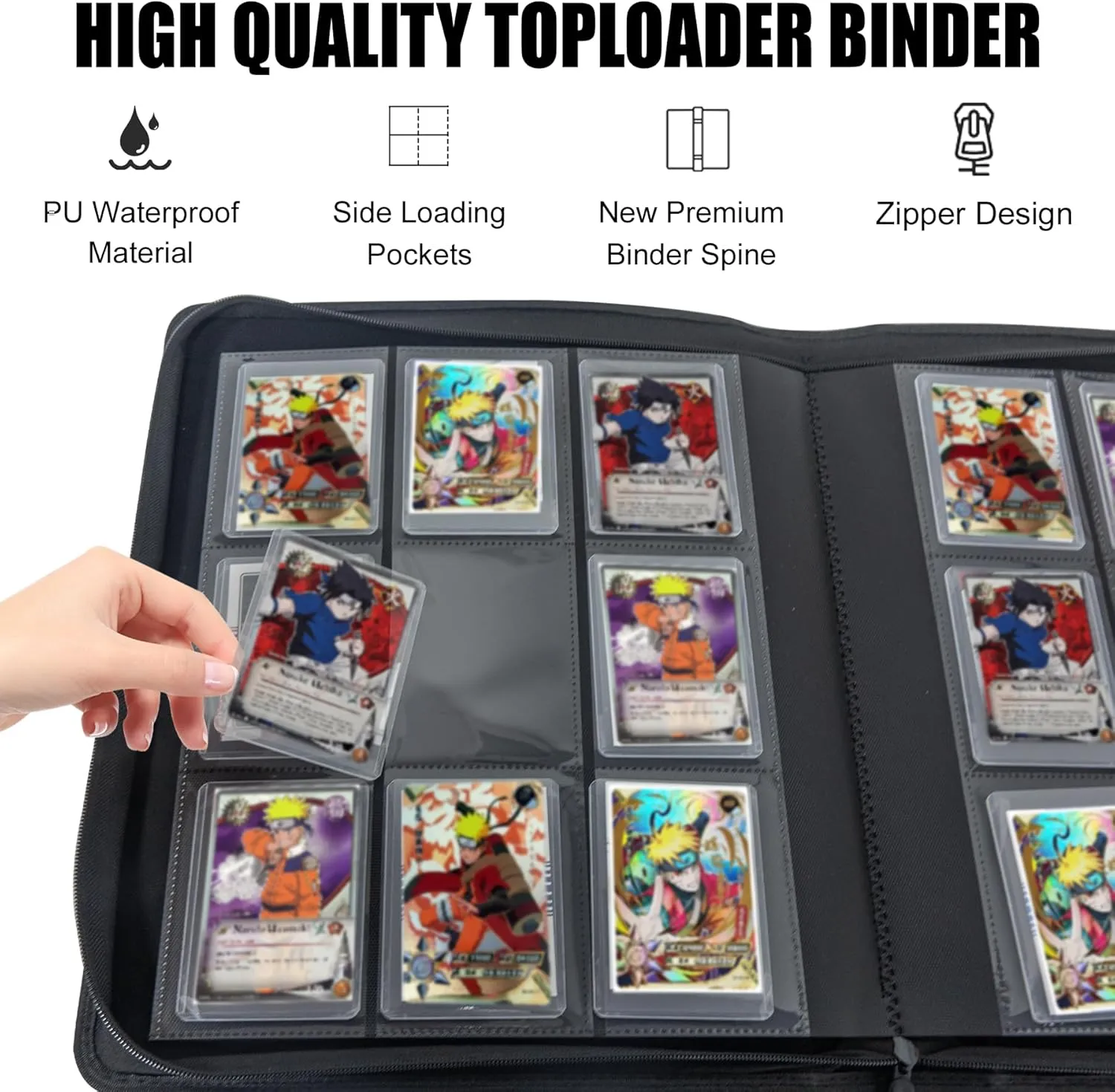 Toploader Binder - Holds 288 Toploaders, 9-Pocket Ringless Double-Sided Pockets for Toploaders, Waterproof Top Loader Card Storage