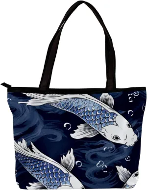 Tote Bags for Women,Womens Handbags,Small Tote Bag,Blue Fish Luck Koi