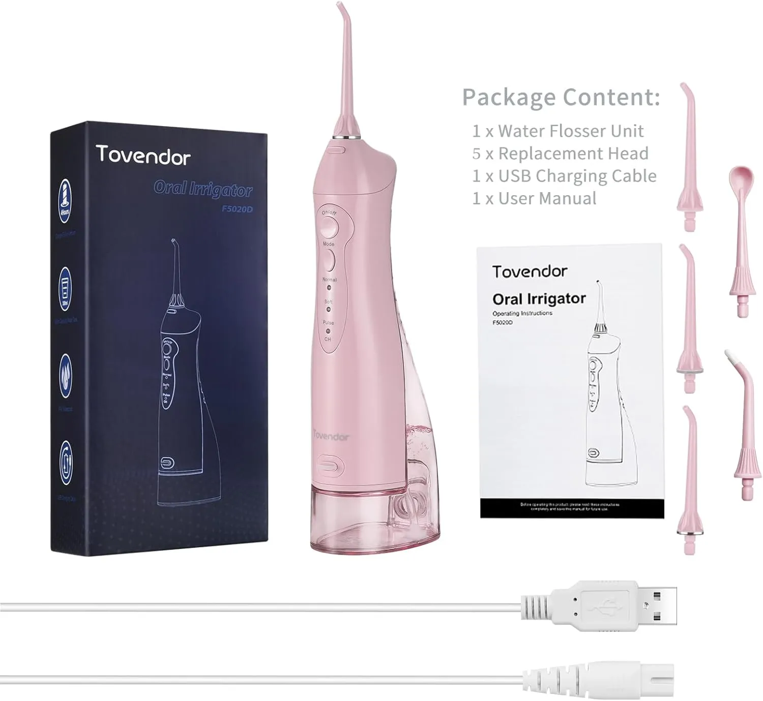 TOVENDOR Electric Water Dental Flosser Teeth Pick, Cordless Flossers Oral Irrigator IPX7 Waterproof 300ML Rechargeable Travel Water Teeth Cleaner with 5 Tips for Home Braces Care Gums Deep Cleaning