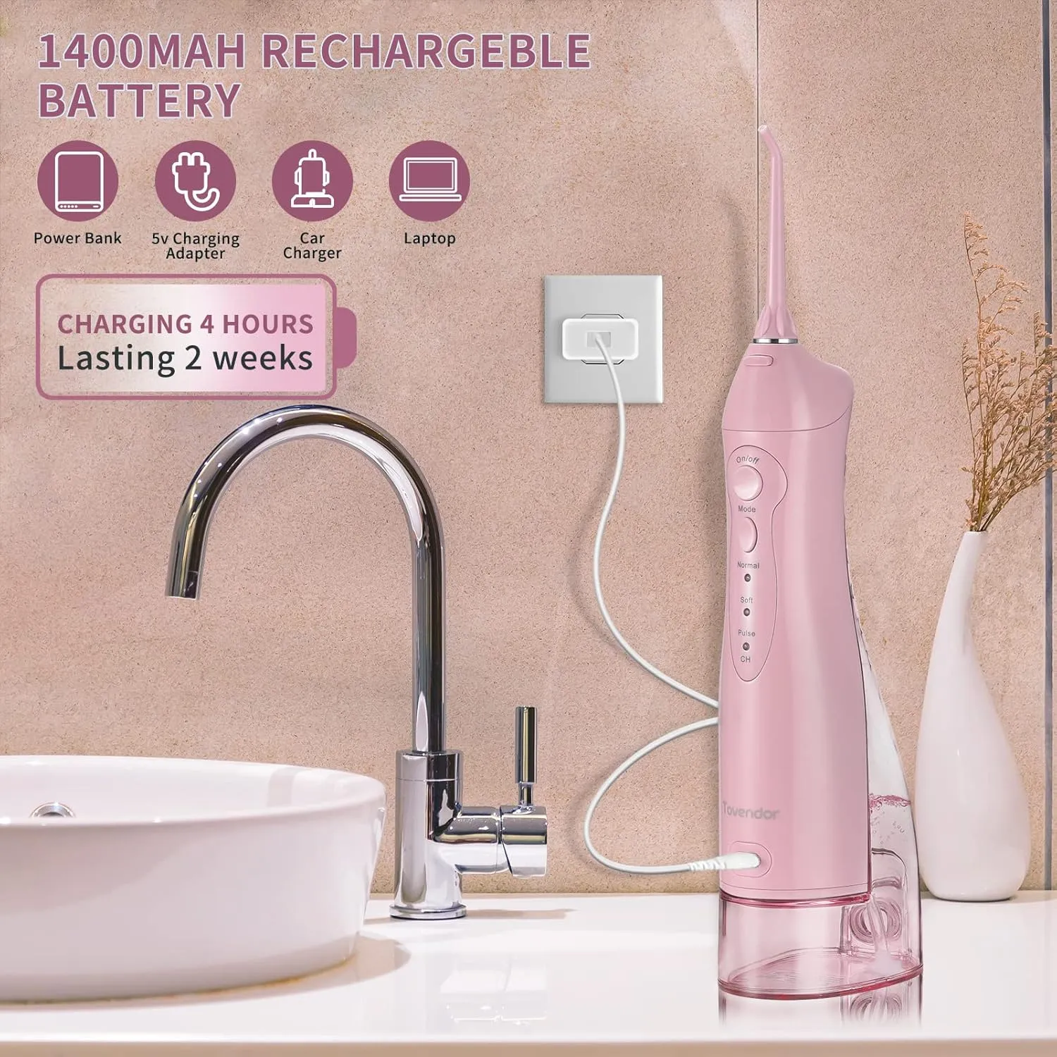 TOVENDOR Electric Water Dental Flosser Teeth Pick, Cordless Flossers Oral Irrigator IPX7 Waterproof 300ML Rechargeable Travel Water Teeth Cleaner with 5 Tips for Home Braces Care Gums Deep Cleaning