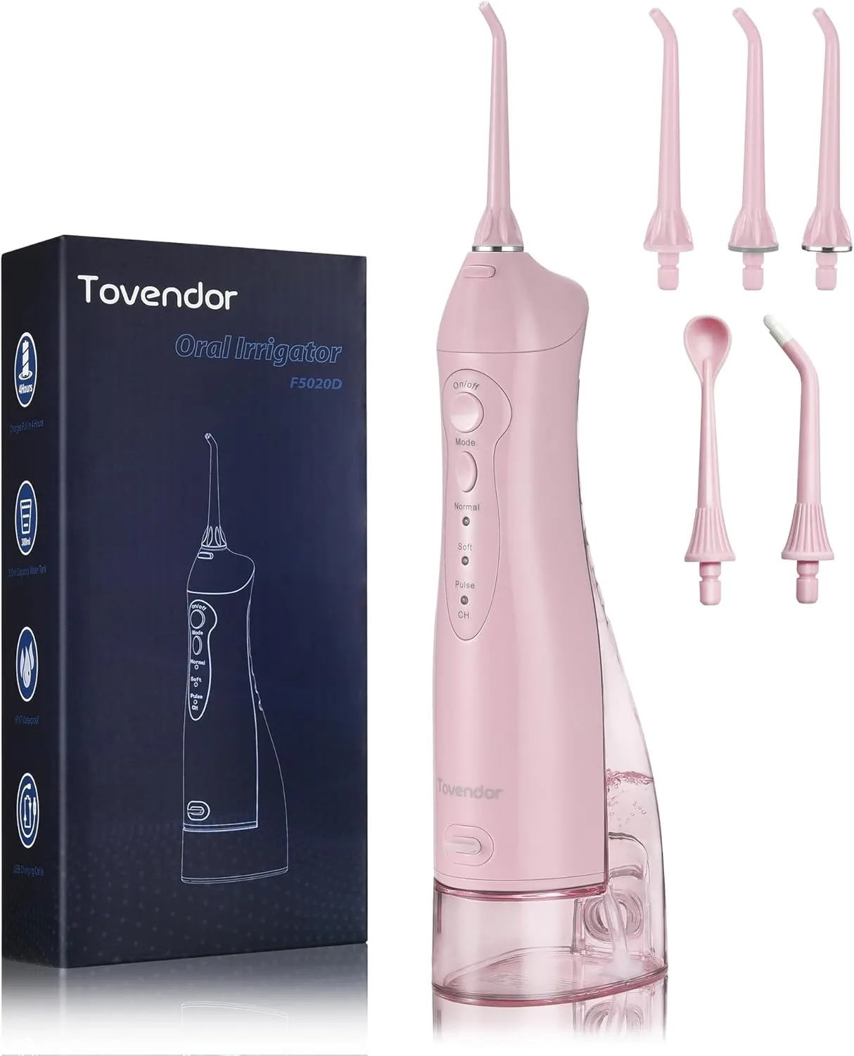 TOVENDOR Electric Water Dental Flosser Teeth Pick, Cordless Flossers Oral Irrigator IPX7 Waterproof 300ML Rechargeable Travel Water Teeth Cleaner with 5 Tips for Home Braces Care Gums Deep Cleaning