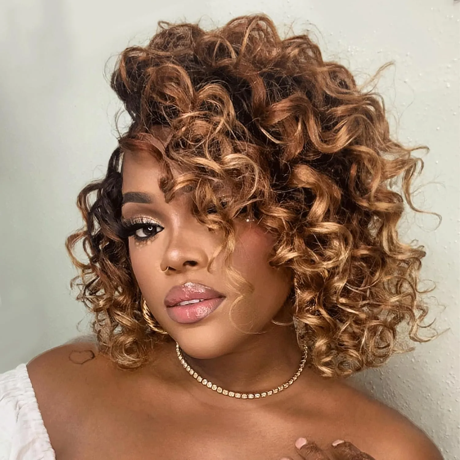 Toyotress Ocean Wave Crochet Hair - 14 Inch 8 Packs Ombre Brown Blonde Ocean Wave Braiding Hair, Beach Curl Deep Twist Water Wave Short Curly Synthetic Hair Extensions (14 Inch, OT30/27-8P)